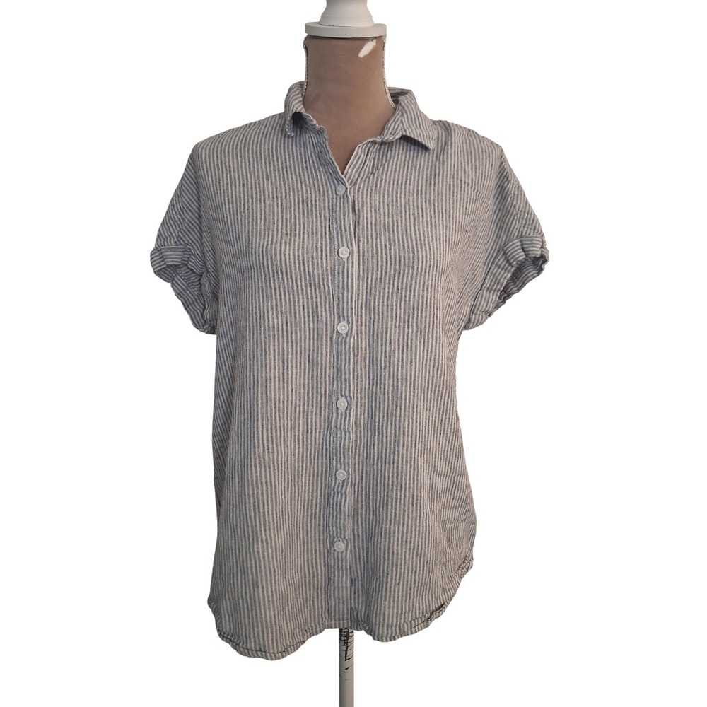 Beachlunchlounge Blue White Striped Linen Blend Short Sleeve Button Down Shirt M